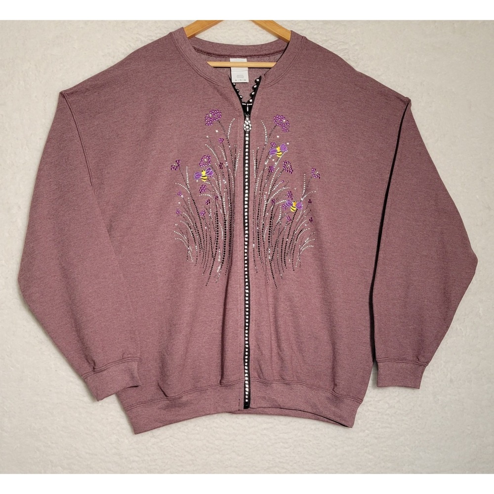 Gildan Heavy Blend Women's Sweatshirt Sz XL Embroidered Full Zip Rhinestone 0445